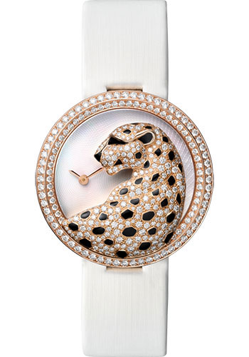 Cartier Panthère Divine Watch - 38 mm Pink Gold Diamond Case - Mother-Of-Pearl Dial - White Alligator Strap
