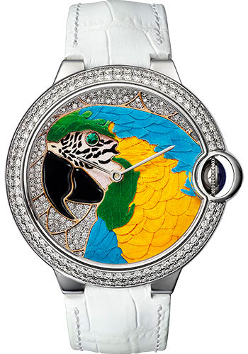Cartier Cartier D'Art Ballon Bleu Limited Edition of 20 Watch - 42 mm White Gold Case - Parrot Motif Diamond Dial - White Alligator Strap