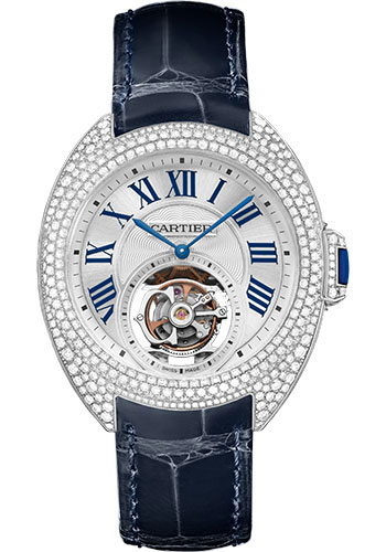Cartier Clé de Cartier Flying Tourbillon Watch - 35 mm White Gold Diamond Case - Brass Dial - Navy Blue Alligator Strap