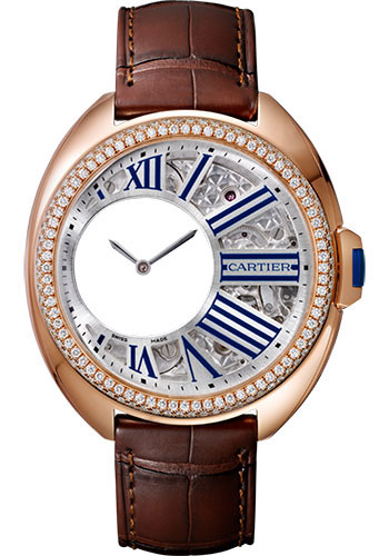 Cartier Clé de Cartier Mysterious Hours Watch - 41 mm Pink Gold Diamond Case - Silvered Openworked Grid Dial - Brown Alligator Strap