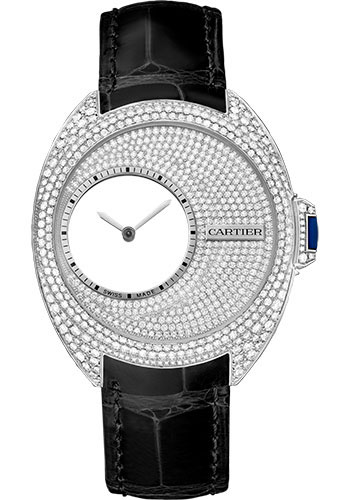 Cartier Clé de Cartier Mysterious Hours Watch - 41 mm Palladium 950 Diamond Case - White Gold Diamond Dial - Black Alligator Strap