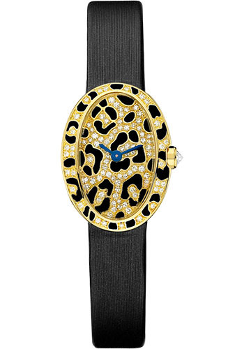 Cartier Mini Baignoire Panther Spots Watch - Yellow Gold Diamond Case - Diamond Dial - Dark Gray Fabric Strap