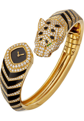 Cartier Panthère de Cartier Bangle Watch - 18 mm Yellow Gold Case - Black Dial - Size 17 Diamond Bracelet