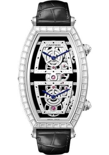 Cartier Tonneau Skeleton Xl Watch - 52.4 mm x 29.8 mm Platinum Diamond Case - Skeleton Dial - Black Leather Strap
