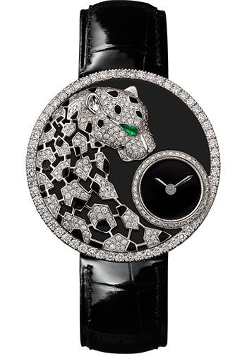 Cartier Panthère Dentelle Watch - 36 mm White Gold Diamond Case - Black Dial - Black Leather Strap