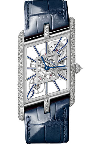 Cartier Tank Asymétrique Watch - 47.15 mm x 26.20 mm Platinum Diamond Case - Skeleton Dial - Navy Blue And Black Alligator Straps Limited Edition of 100