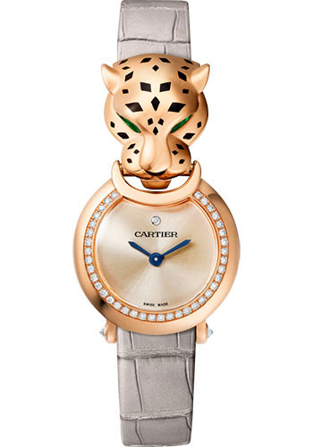 Cartier La Panthère Watch - 23.6 mm Pink Gold Diamond Case - Pink Dial - Light Gray Leather Strap