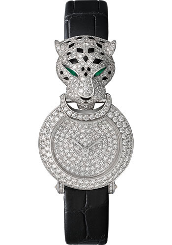 Cartier La Panthère Watch - 23.6 mm White Gold Diamond Case - White Gold Dial - Black Leather Strap
