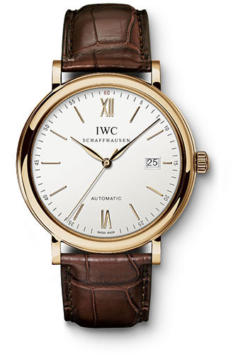 IWC Portofino Automatic Watch - 40 mm Red Gold Case - Silver Dial - Dark Brown Alligator Strap