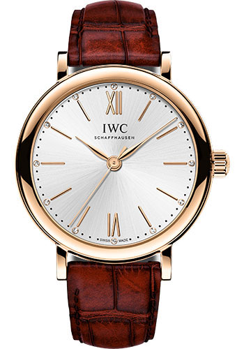IWC Portofino Automatic 34 Watch - 34.0 mm 5N Gold Case - Silver Dial - Burgundy Alligator Strap