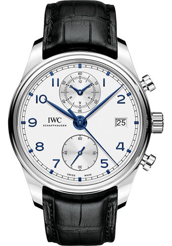 IWC Portugieser Chronograph Classic Watch - 42 mm Stainless Steel Case - Silver Dial - Black Alligator Strap