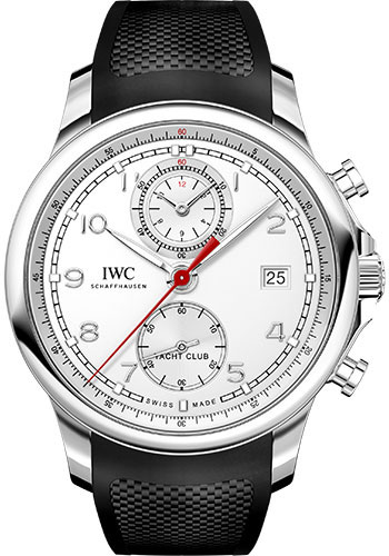 IWC Portugieser Yacht Club Chronograph Watch - 43.5 mm Stainless Steel Case - Silver Dial - Black Rubber Strap