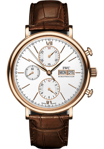 IWC Portofino Chronograph Watch - 42.0 mm 5N Gold Case - Silver Dial - Dark Brown Alligator Strap