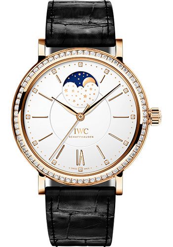 IWC Portofino Automatic Moon Phase 37 Watch - 37.0 mm 5N Gold Case - Diamond Bezel - Silver Dial - Black Alligator Strap