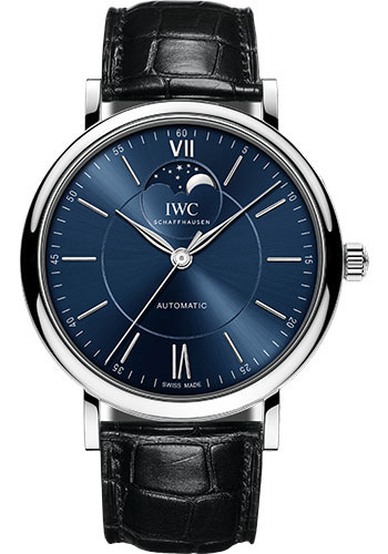 IWC Portofino Automatic Moon Phase Watch - 40.0 mm Stainless Steel Case - Blue Dial - Black Alligator Strap
