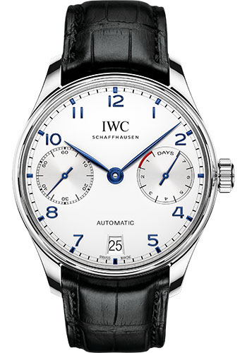 IWC Portugieser Automatic Watch - 42.3 mm Stainless Steel Case - Silver Dial - Black Alligator Strap