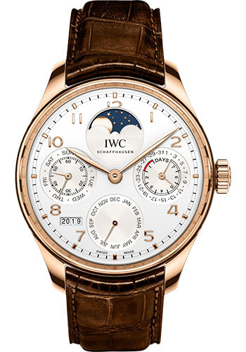 IWC Portugieser Perpetual Calendar Watch - 44.2 mm 5N Gold Case - Silver Dial - Dark Brown Alligator Strap