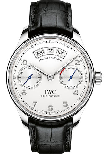 IWC Portugieser Annual Calendar Watch - 44.2 mm Stainless Steel Case - Silver Dial - Black Alligator Strap
