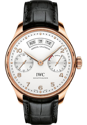 IWC Portugieser Annual Calendar Watch - 44.2 mm Red Gold Case - Silver Dial - Black Alligator Strap