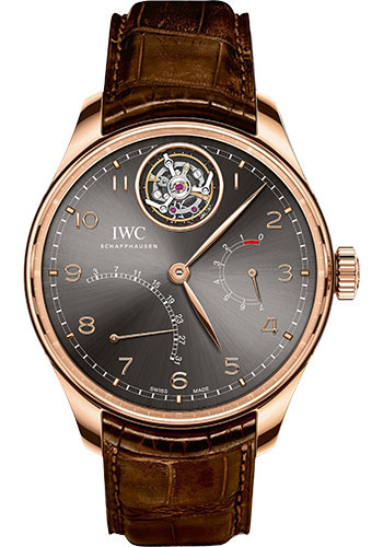 IWC Portugieser Tourbillon Mystère Rétrograde Watch - 44.2 mm Red Gold Case - Ardoise Dial - Dark Brown Alligator Strap