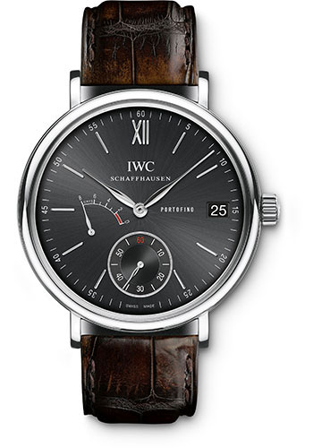 IWC Portofino Hand-Wound Eight Days Watch - 45 mm Stainless Steel Case - Black Dial - Dark Brown Alligator Strap