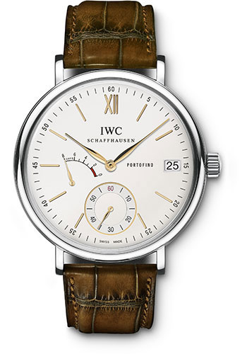 IWC Portofino Hand-Wound Eight Days Watch - 45 mm Stainless Steel Case - Silver Dial - Brown Alligator Strap