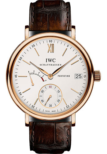 IWC Portofino Hand-Wound Eight Days Watch - 45 mm Red Gold Case - Silver Dial - Dark Brown Alligator Strap