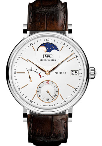 IWC Portofino Hand-Wound Moon Phase Watch - 45.0 mm Stainless Steel Case - Silver Dial - Dark Brown Alligator Strap