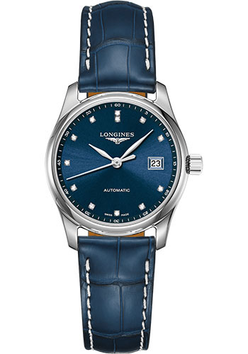 Longines Master Collection Watch - 29 mm Steel Case - Blue Diamond Dial - Blue Alligator Strap