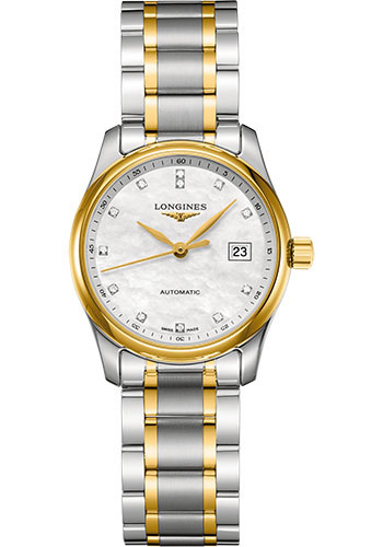 Longines Master Collection Watch - 29 mm Steel And Yellow Gold Cap 200 Case - White Mother-Of-Pearl Diamond Dial - Bracelet