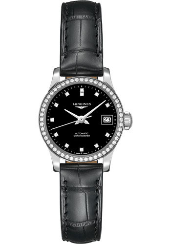 Longines Record collection Watch - 26 mm Steel Diamond Case - Black Diamond Dial - Black Alligator Strap