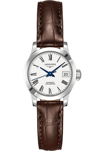 Longines Record collection Watch - 26 mm Steel Case - White Roman Dial - Brown Alligator Strap