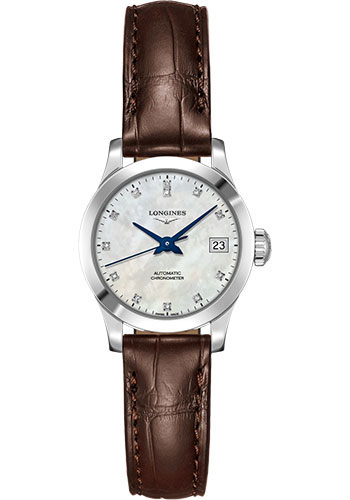 Longines Record collection Watch - 26 mm Steel Case - White Mother-Of-Pearl Diamond Dial - Brown Alligator Strap