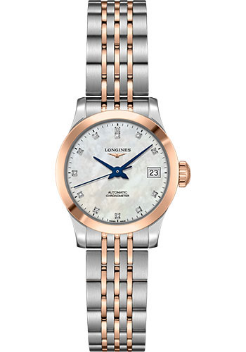 Longines Record collection Watch - 26 mm Steel And 18K Pink Gold Cap 200 Case - White Mother-Of-Pearl Diamond Dial - Bracelet