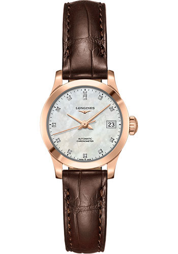 Longines Record collection Watch - 26 mm 18K Pink Gold Case - White Mother-Of-Pearl Diamond Dial - Brown Alligator Strap