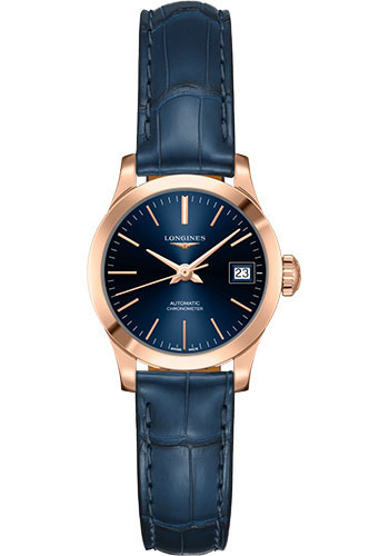 Longines Record collection Watch - 26 mm 18K Pink Gold Case - Blue Dial - Blue Alligator Strap