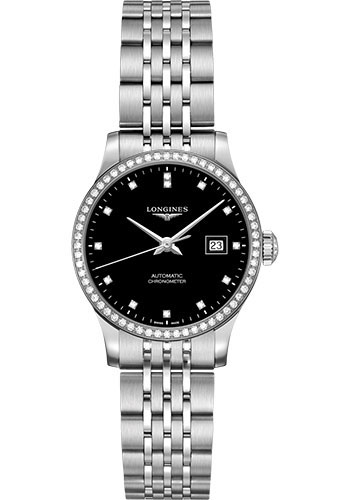 Longines Record collection Watch - 30 mm Steel Diamond Case - Black Diamond Dial - Bracelet