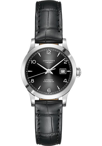 Longines Record collection Watch - 30 mm Steel Case - Black Arabic Dial - Black Alligator Strap