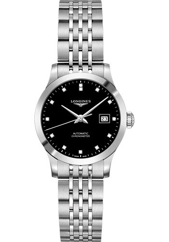 Longines Record collection Watch - 30 mm Steel Case - Black Diamond Dial - Bracelet