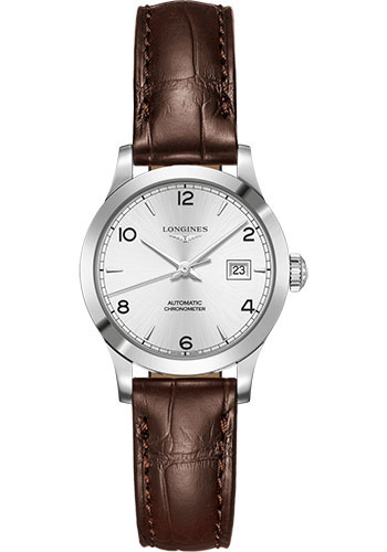 Longines Record collection Watch - 30 mm Steel Case - Silver Arabic Dial - Brown Alligator Strap