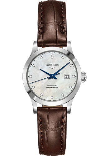 Longines Record collection Watch - 30 mm Steel Case - White Mother-Of-Pearl Diamond Dial - Brown Alligator Strap