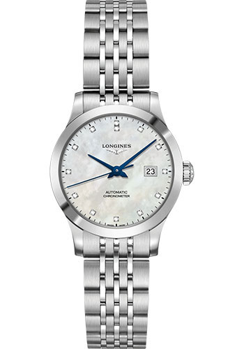 Longines Record collection Watch - 30 mm Steel Case - White Mother-Of-Pearl Diamond Dial - Bracelet