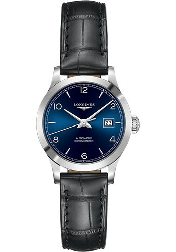 Longines Record collection Watch - 30 mm Steel Case - Blue Arabic Dial - Black Alligator Strap