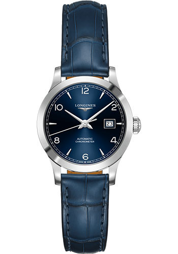 Longines Record collection Watch - 30 mm Steel Case - Blue Arabic Dial - Blue Alligator Strap