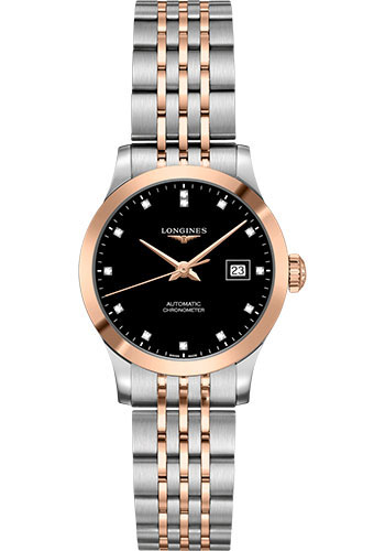 Longines Record collection Watch - 30 mm Steel And 18K Pink Gold Cap 200 Case - Black Diamond Dial - Bracelet