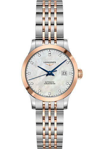 Longines Record collection Watch - 30 mm Steel And 18K Pink Gold Cap 200 Case - White Mother-Of-Pearl Diamond Dial - Bracelet