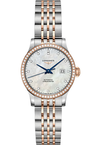 Longines Record collection Watch - 30 mm Steel And 18K Pink Gold Diamond Case - White Mother-Of-Pearl Diamond Dial - Steel And 18K Pink Gold Cap 200 Bracelet
