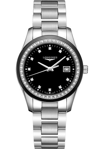 Longines Conquest Classic Quartz Watch - 36 mm Steel And Ceramic Diamond Case - Black Diamond Dial - Steel Bracelet