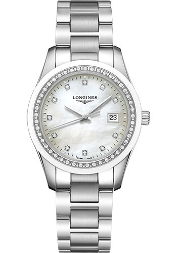 Longines Conquest Classic Quartz Watch - 36 mm Steel And Ceramic Diamond Case - White Mother-Of-Pearl Diamond Dial - Steel Bracelet