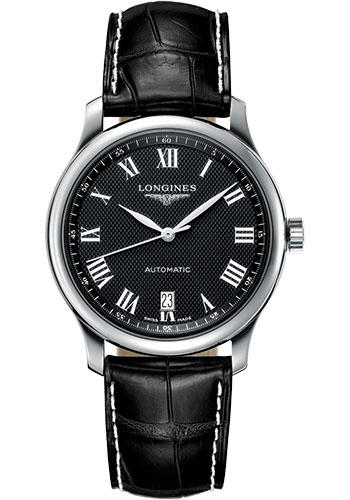 Longines Master Collection Watch - 38.5 mm Steel Case - Black Barleycorn Roman Dial - Black Alligator Strap